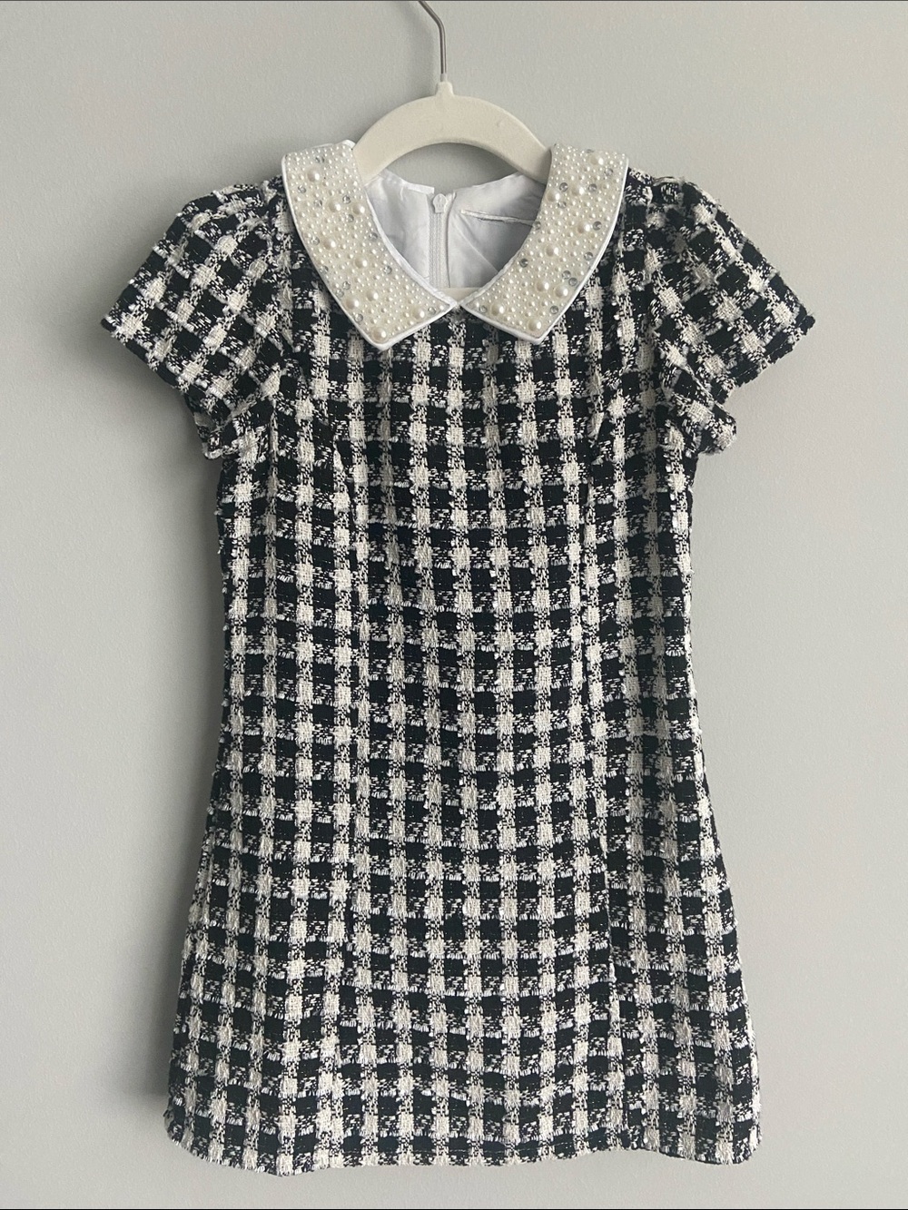 Girls Black & White Check Tweed Dress with Pearl Collar Chanel style